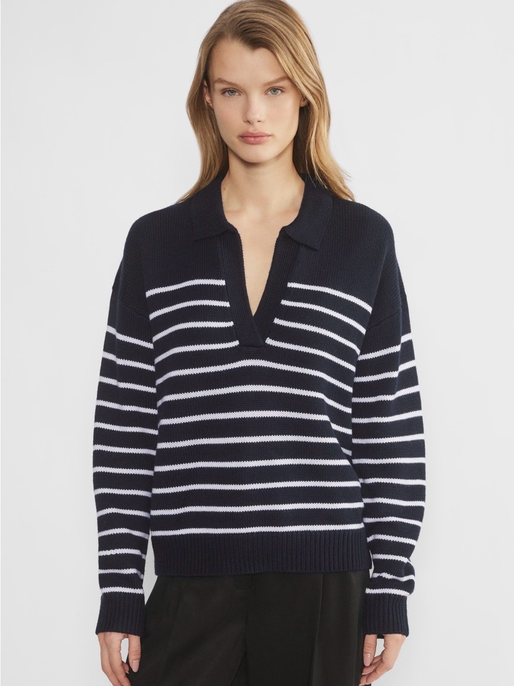 Wilfred 100% Wool Navy & White Striped V-Neck Polo Sweater